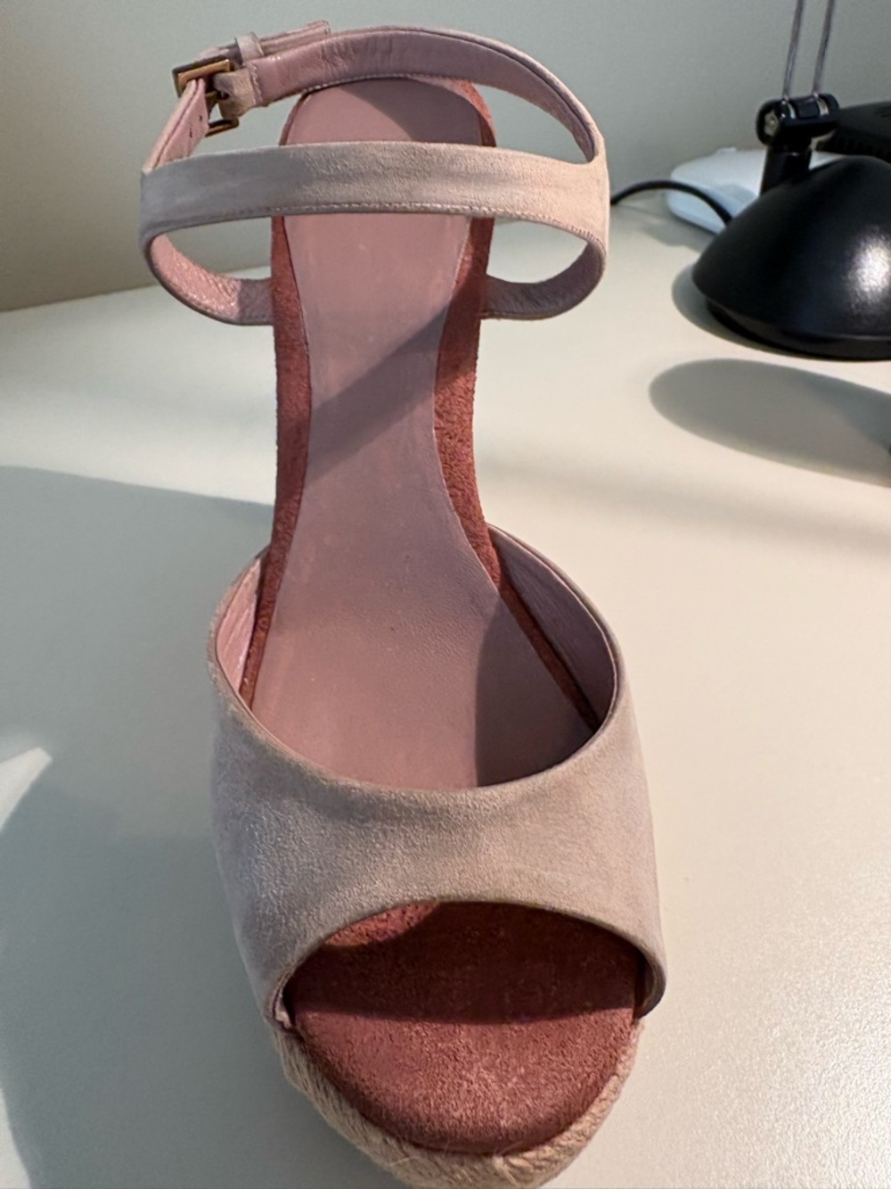 Gucci Dusty Pink Suede GG Wedge Espadrille Sandals 37.5 - Picture 7 of 12